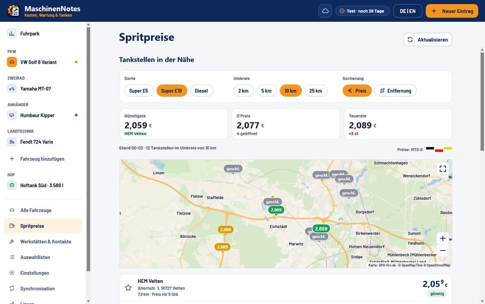 Spritpreise live im Umkreis von 10 km mit Ampel, Karte mit Preisen und günstigster Tankstelle