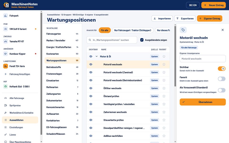 Auswahllisten-Editor mit Wartungspositionen, Sichtbarkeit, Favoriten und Gültigkeit