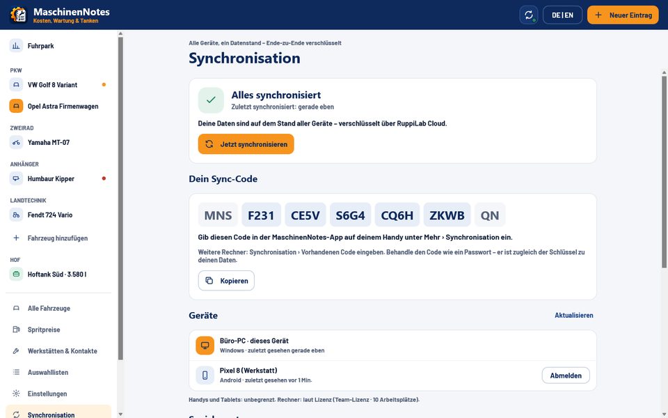 MaschinenNotes am Rechner: Synchronisation ist eingerichtet und aktiv