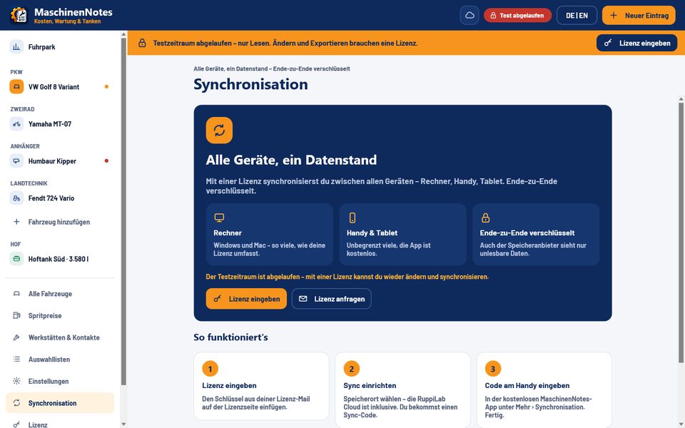MaschinenNotes am Rechner nach dem Testzeitraum: Hinweis, dass der Sync eine Lizenz braucht