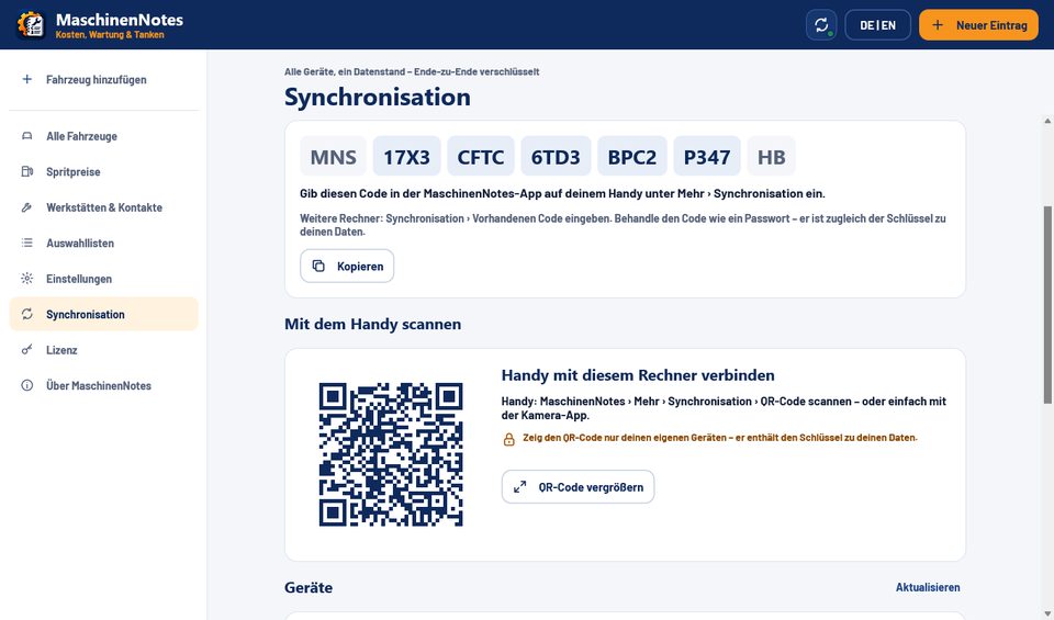 MaschinenNotes am Rechner: Sync-Code und QR-Code zum Scannen mit dem Handy