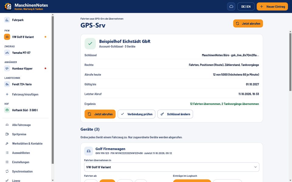 Einstellungen › Verbindungen › GPS-Srv: Konto-Schlüssel mit Rechten, letztem Abruf und Zuordnung der Geräte zu Fahrzeugen, Beispieldaten