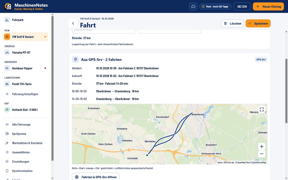 Fahrt aus GPS-Srv mit Abfahrt, Ankunft, Teilstrecken und der Route auf der eigenen RuppiLab-Karte, Beispieldaten