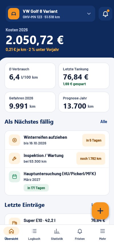 MaschinenNotes auf dem Handy: Übersicht mit Kosten, Verbrauch und fälligen Fristen