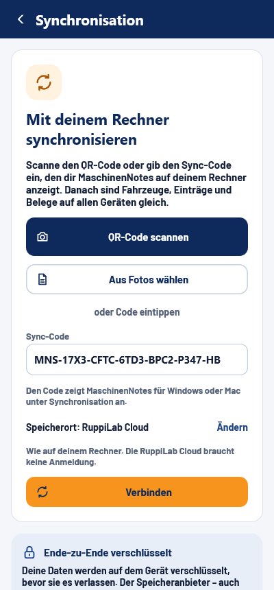 Handy: Sync-Code aus dem QR-Code ist eingetragen, Speicherort RuppiLab Cloud, Knopf „Verbinden“